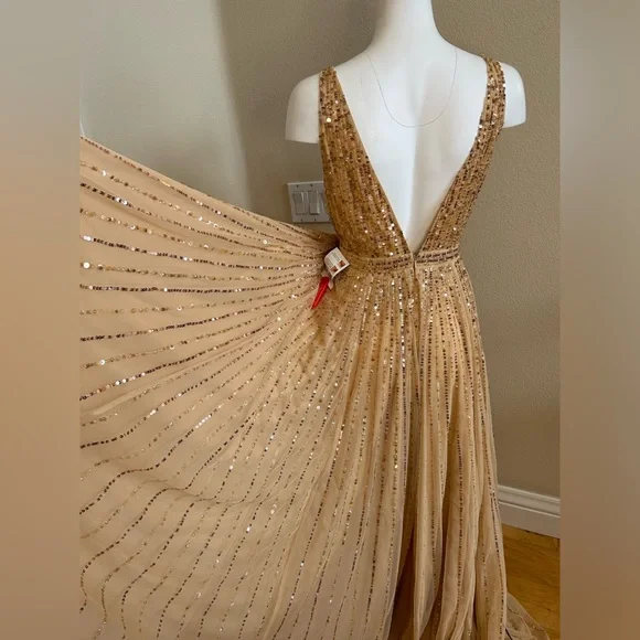 Mac Duggal 6 Sunset Sequin Plunge V Neck Gown NWT Flowy A Line Skirt - Picture 11 of 13